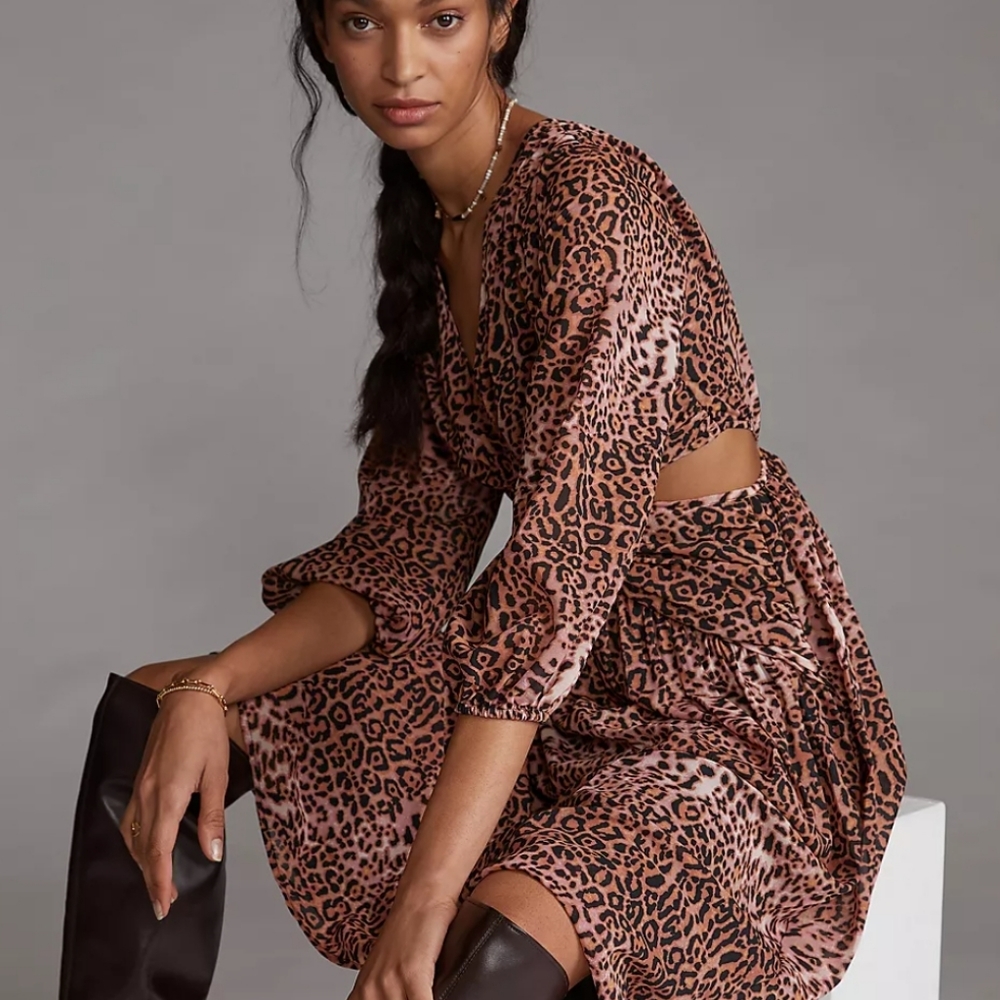Anthropologie Cheetah Cut-Out Midi Dress Brown Black NWT